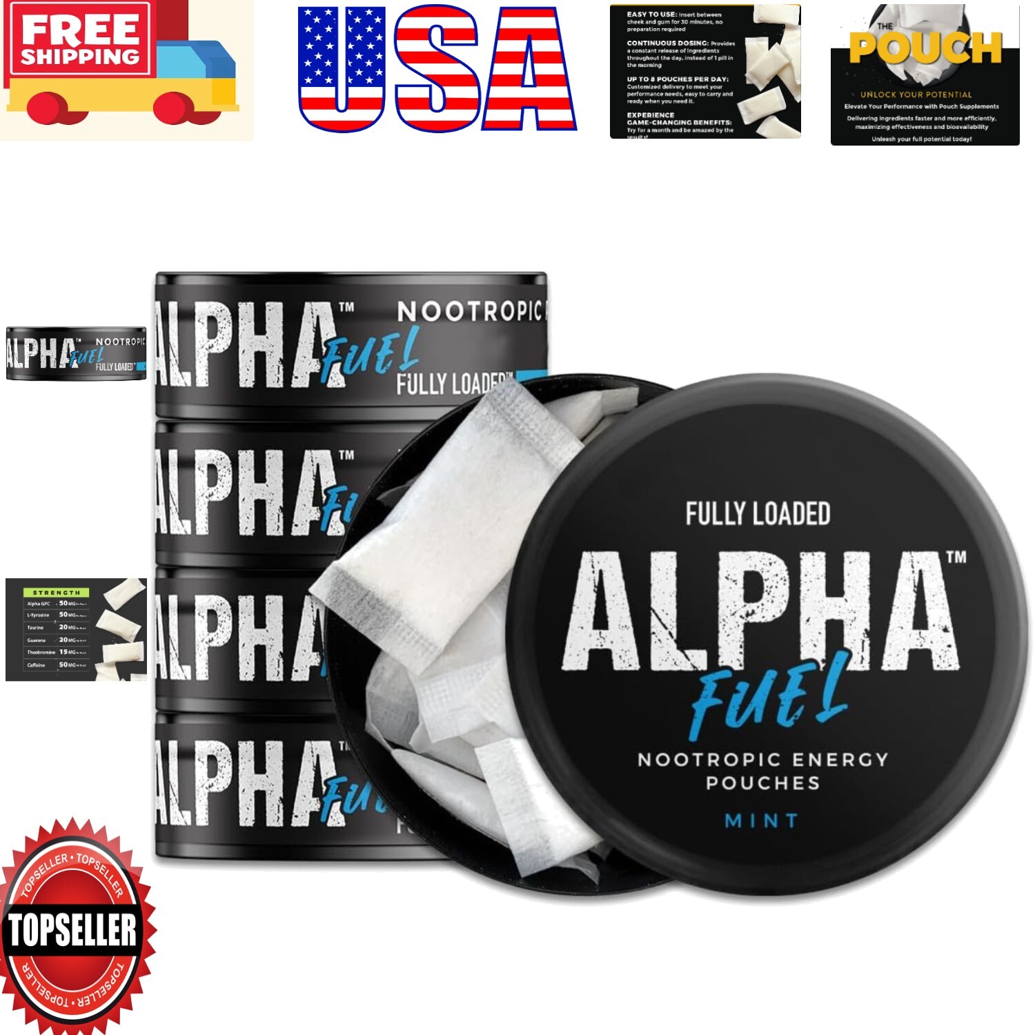 Fully Loaded Nootropic Pouches - Mint Flavor, 50mg Caffeine