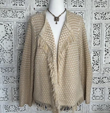 C Wonder Natural Tan & White Fringe Cardigan Sz XL