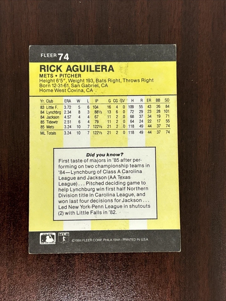 Подписанная карточка Рика Агилеры 1986 Fleer No74 New York Mets с автографом Австралия - Изображение 2 из 2