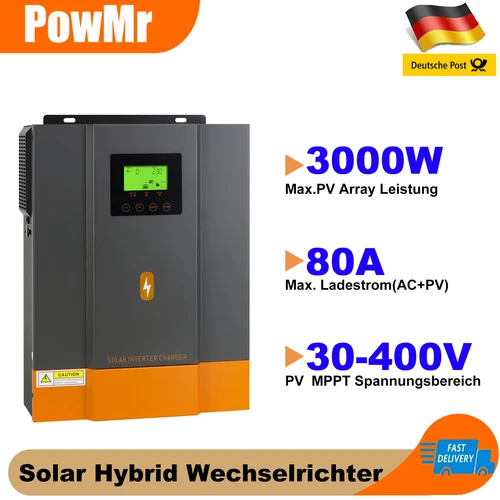 PowMr 3000W 24V Solar Wechselrichter Hybrid Reinen Sinus MPPT 80A 30-400VDC