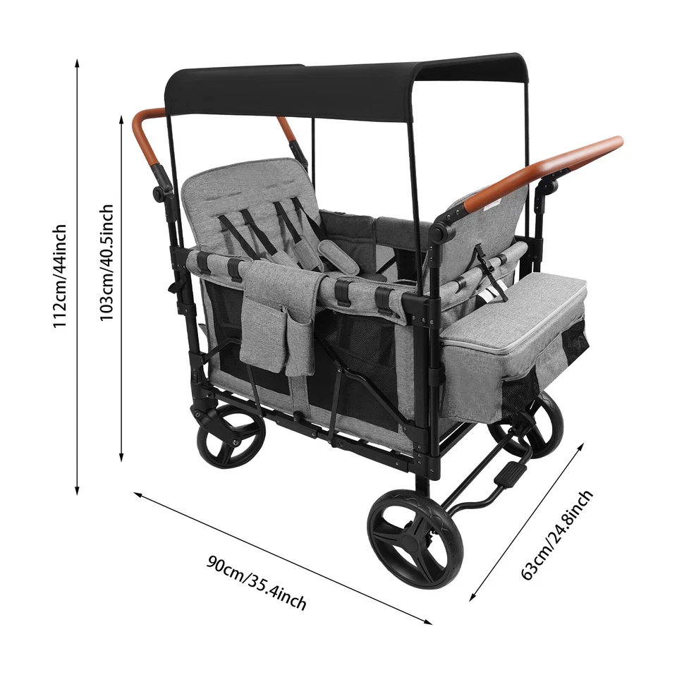 Folding Baby Stroller Wagon Cart For 4 Kids, Face To Face High Seat With Canopy - Image 3 of 4