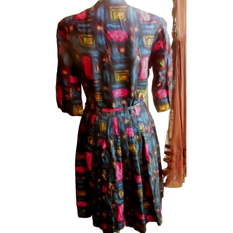 Vintage Womens Dress 10 1950's Acetate Nylon PINK/BLUE BELTED Dress TONI TODD - Image 2 of 4