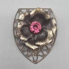 Floral Dress Shoe Clip Large Silver Tone Pink Prong Set Rhinestone