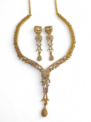 Gold Plated Ethnic AD CZ Jewelry Earrings Necklace Bridal Set for women - 第 7/37 張圖片