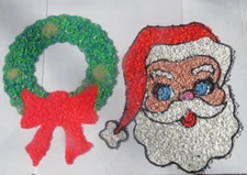 Vintage Melted Plastic Popcorn Christmas Decorations Santa's Face & Wreath BIG