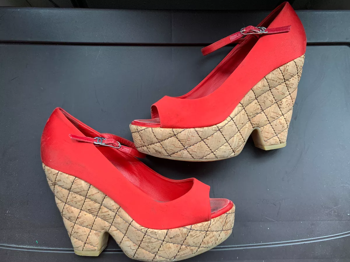 Vintage CHANEL Authentic Red Silk Quilted Cork Wedge Platform Peep