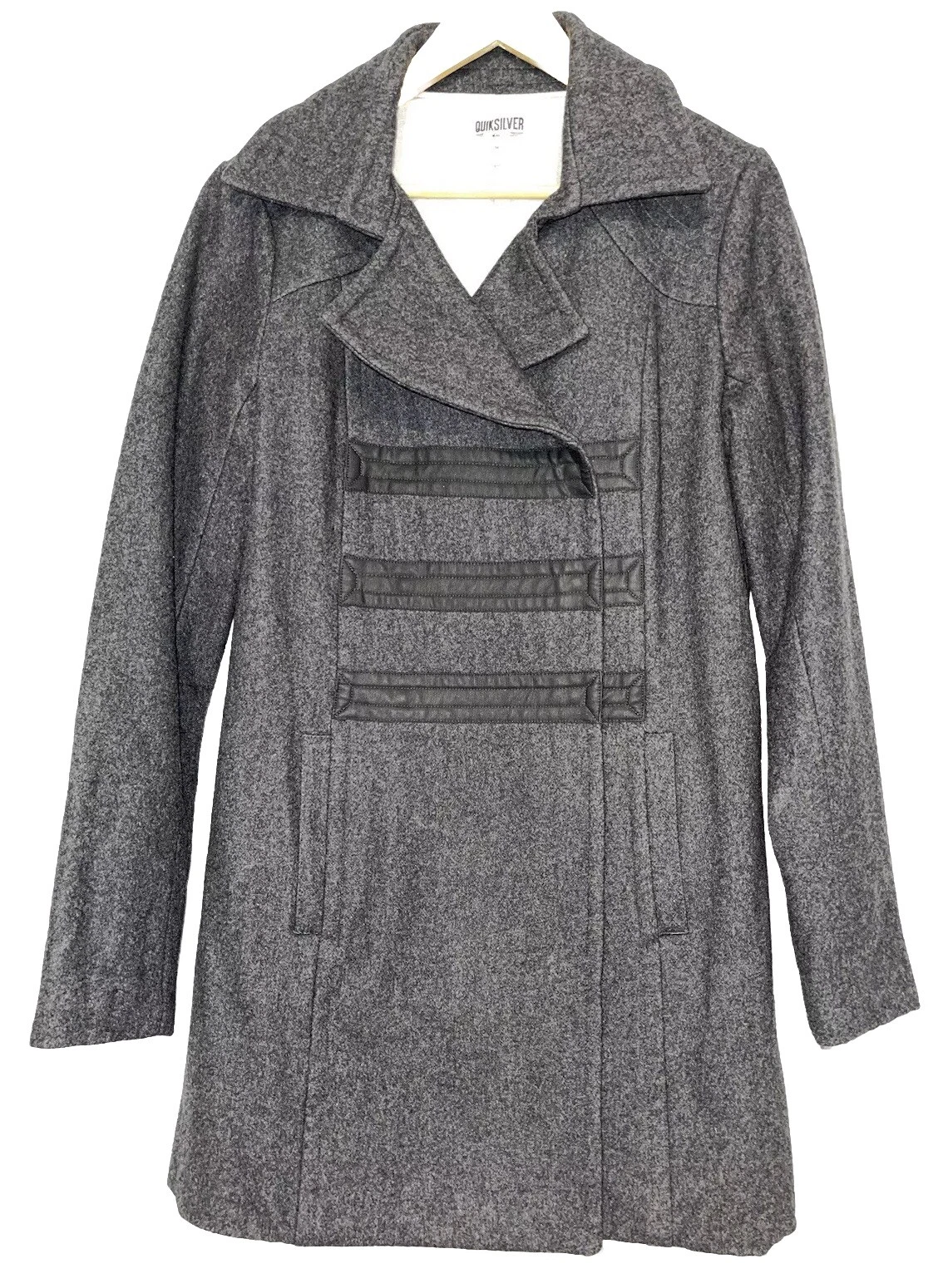 Vintage Quicksilver Double Breasted Long Wool Coat Jacket Gray Warm Size M NICE