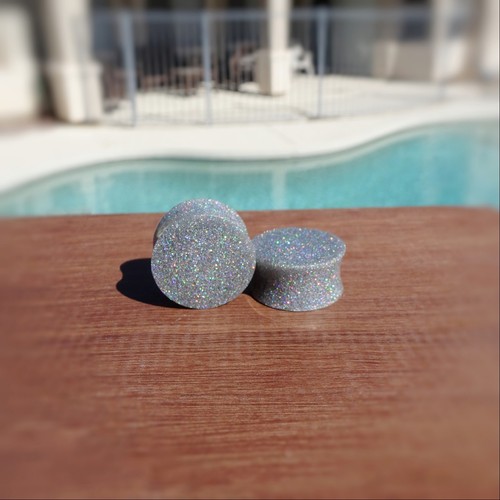 Silver Holographic Resin Ear Plugs - Ear Gauges Double Flared - Picture 4 of 8