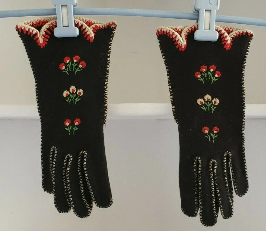 Guantes Vintage Mediados de Siglo Talla 7.5 Mujer Negro Rojo Floral Bordado CD Osborn Foto 2 de 4