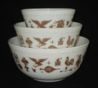 PYREX - 3 Brown on White EARLY AMERICAN Mixing, Nesting Bowl Set - 401, 402, 403