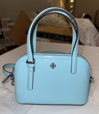 Tory Burch Mini Emerson Patent Leather Dome Satchel NWOT Celeste Blue Long Strap