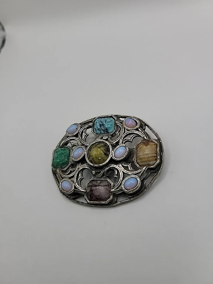 Broche celta escocés milagroso vintage imitación ágata ópalo piedras tono plata Foto 4 de 4