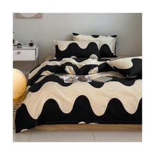 Ripple Duvet Cover Set Queen, 100 Cotton Bedding, Cream White Black Geometri...