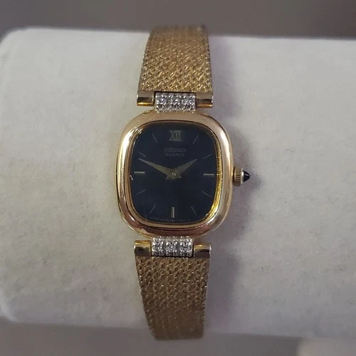 SEIKO Women's Watch Vintage Gold Tone Analog Quartz Black Dial 6.25 inch 18 mm