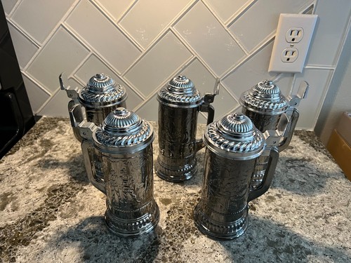 Vintage Avon Silver Glass Beer Steins Set of 5 Lidded Hunter Scene Metal Overlay