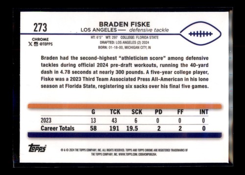 2024 Topps Chrome #273 Braden Fiske RC Los Angeles Rams - Picture 2 of 2