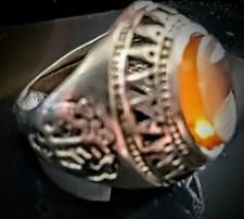 Genuine Agate Yemeni Yellow Aqeeq Carved Silver Ring ,Men's