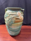 Roseville Pottery Clematis Double Handled Vase 7”.  Greenish With White Flowers.