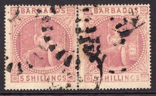 BARBADOS 1873 BRITANNIA 5/- DULL ROSE A SCARCE FINE USED RE-JOINED PAIR. SG 64.