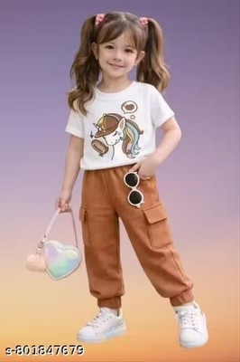 Girls White T-Shirt & Cargo pant Set Pocket Cargo Pants Trendy Casual Outfit
