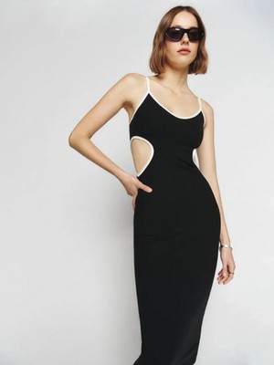 Reformation Large Lilou black knit ribbed sleeveless cutout midi bodycon dress