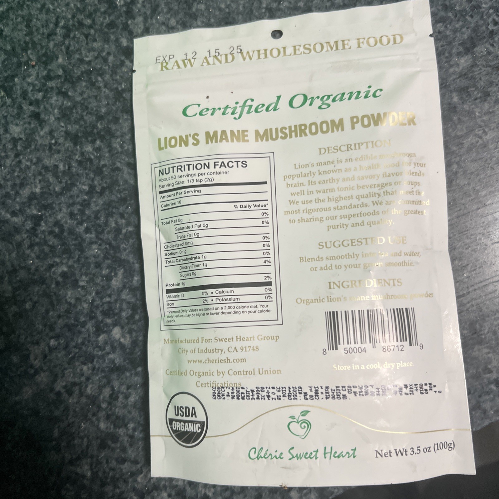 Cherie Sweet Heart Organic Lion's Mane Mushroom Powder 3.5 oz Exp 12/15/25