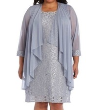 NEW R M Richards Women  s Silver Floral Embroidered Dress with Sheer Jacket 16