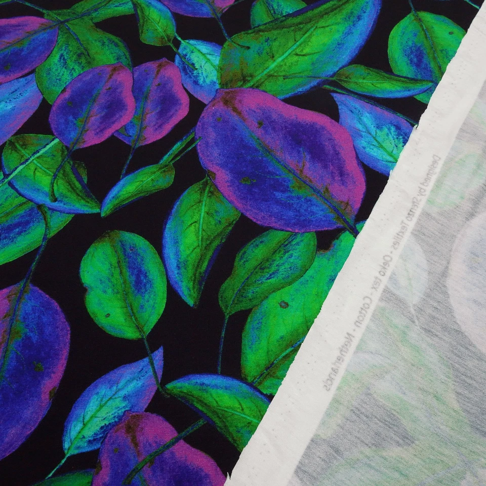 Stoff Viskose Jersey Blätter Herbst Design schwarz grün lila blau Kleiderstoff - Bild 4 von 4