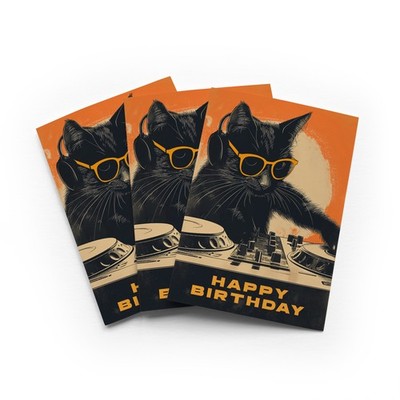 DJ schwarze Katze Geburtstagskarte Sonnenbrille Musik 3er Set Grußkarten innen leer