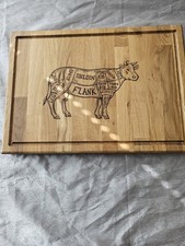 Oak Chopping Board Cow With Beef Cuts Design + Juice Catcher Edge. 48x35x4cm
