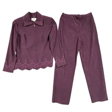 Studio I Petite 2 PC Pant Suit Set Purple Floral Embroidered Suede Jacket 10P