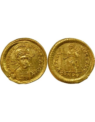 Rome Empire Théodose II - Solidus Or, Victoire à la Croix - 420 / 422 Constantin - Photo 1/3