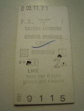 BIGLIETTO DEL TRENO CARTONATO - SAVONA LETIMBRO GENOVA - 1971 C10-301