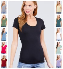 Women Basic SHORT SLEEVE SCOOP NECK T-Shirt Cotton Stretch Long Top S-3X