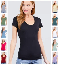 Women Basic SHORT SLEEVE SCOOP NECK T-Shirt Cotton Stretch Long Top  S-3X