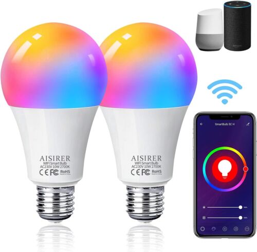 AISIRER Alexa Google White Colour Changing Smart Light Bulbs 10W B22 E27 2 Pack - Afbeelding 1 van 23