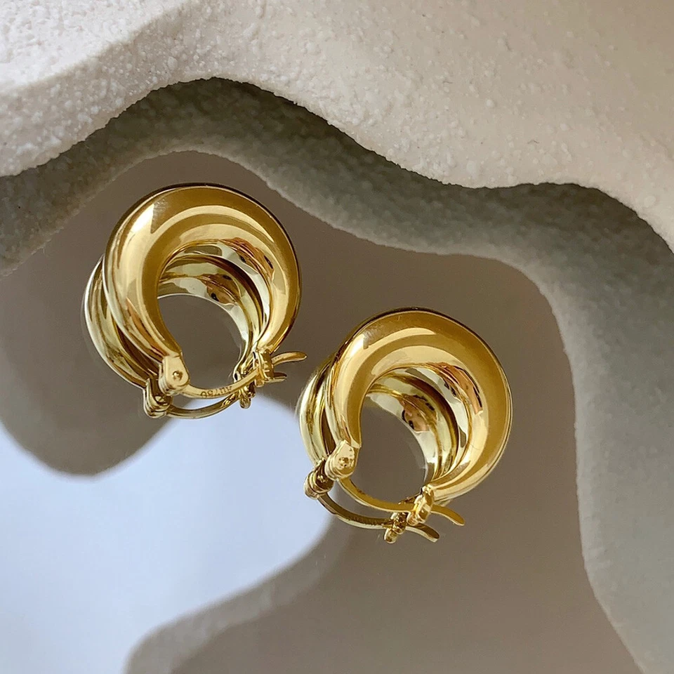 Authentic 18K Gold Earrings Hoop Style Fine Smoothly Moon 100% Yellow Gold - Image 4 of 4