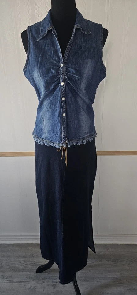 Maxi Falda Elástica Jean Azul Oscuro Denim Cello EE. UU. Corbata Cintura Aberturas Laterales Talla L-M Foto 4 de 4