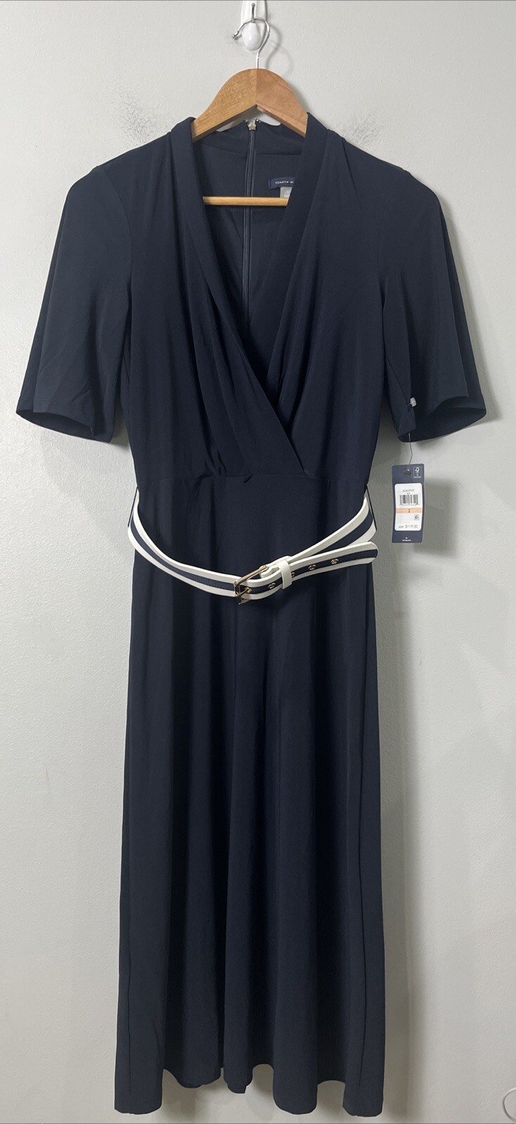 Tommy Hilfiger Navy Blue Belted Midi Dress Size 2 New With Tags NWT