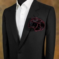 NEW - Men's 2-in-1 Pouf Round Pocket Square - Black Satin with Burgundy Trim