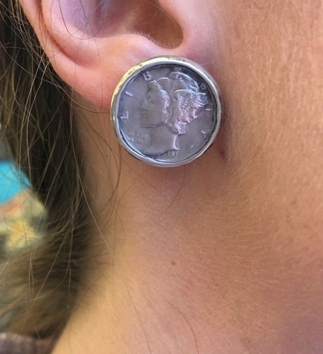 Aretes vintage de plata esterlina con moneda de diez centavos de mercurio - 3/4 pulgadas - Imagen 6 de 6