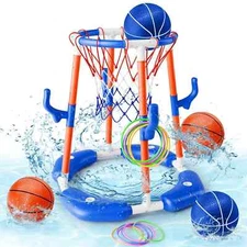 Pool Basketball Hoop, 2-in-1 Floating Pool Toys Ring Game with 4 Balls and Pu...
