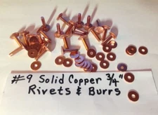 SIZE #9 SOLID COPPER 3/4" long RIVETS & BURRS_WASHERS..Pk of 12 Sets U.S. SELLER