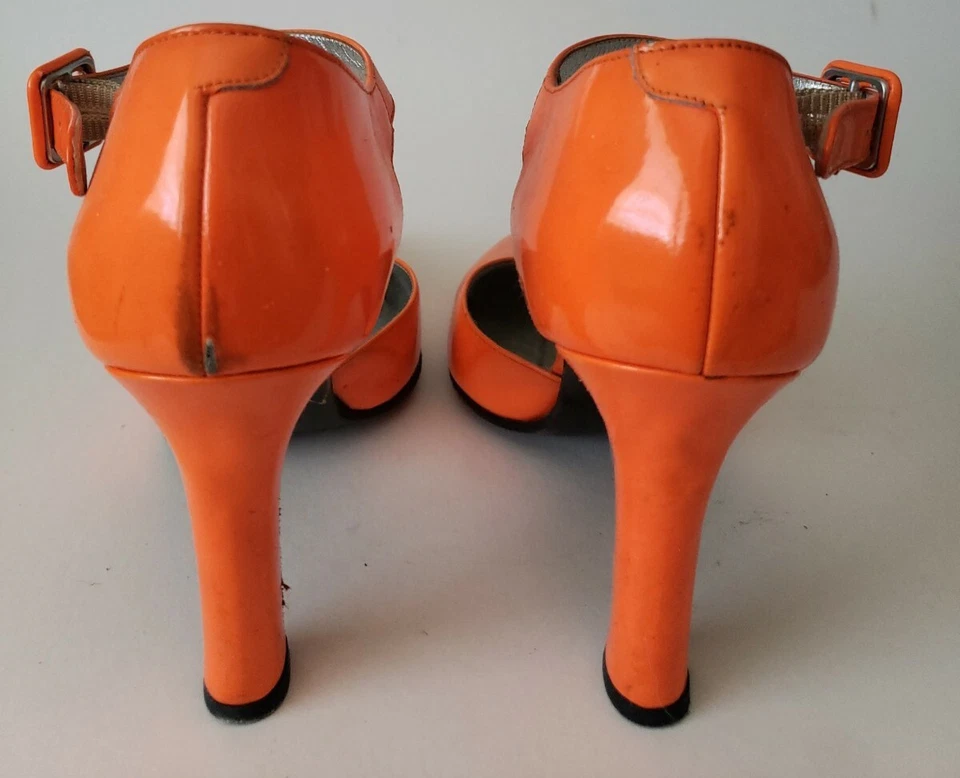 Patrick Cox Ankle Strap Pump 37.5 Neon Orange Leather Heel Shoes Italy - Image 3 of 4