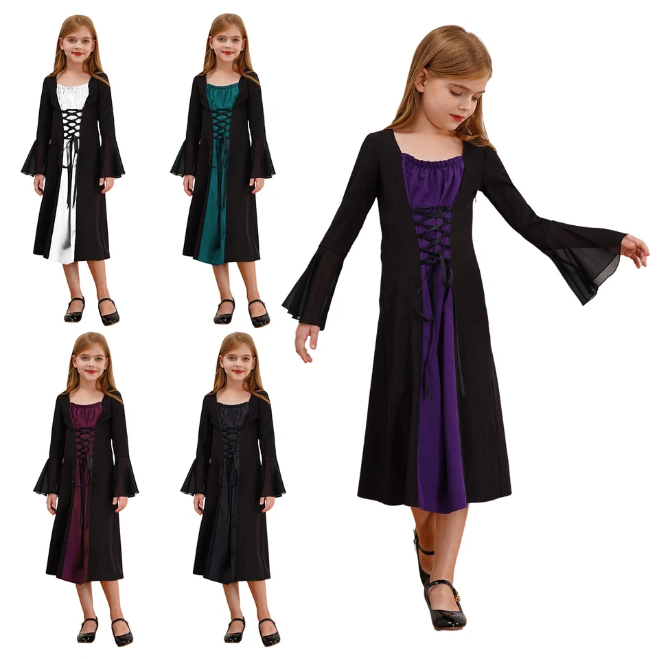 Niños Niñas Renacimiento Disfraz Rendimiento Bata Cómodo Vestido Medieval Vestido Foto 3 de 3