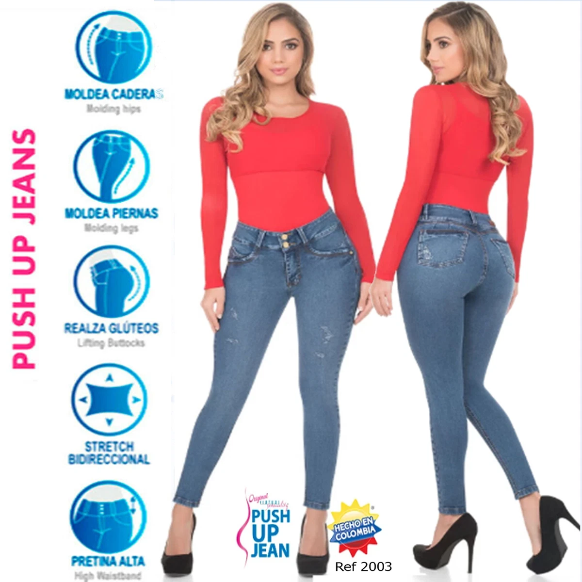 Colombianas Denim Push Up Jeans Blu High Waist Butt Lift Levanta Cola Blue  Slim