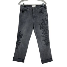 We The Free Size 29 Gray Black Floral Embroidered Cuffed Cropped Jeans