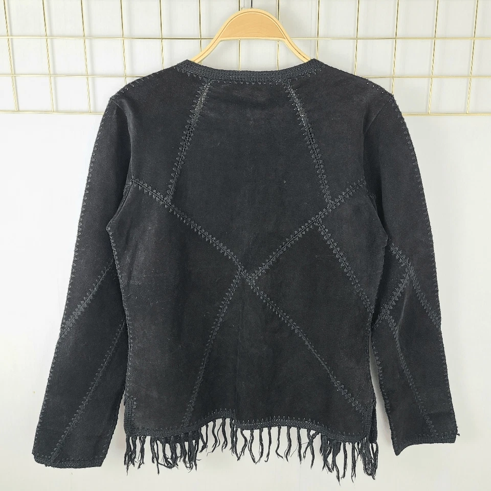 Chaqueta Mujer Mediana Genuina Gamuza Flecos Crochet Patchwork Western Frente Abierto-R Foto 3 de 4