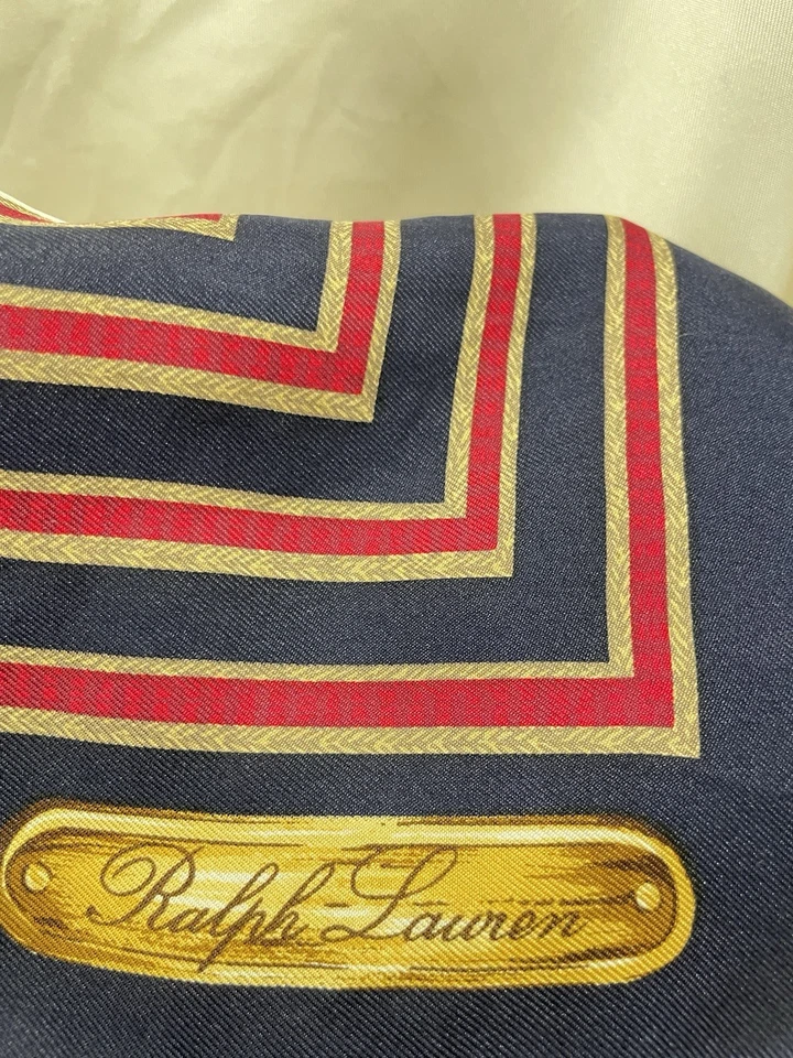 H74# Ralph Lauren Bufanda de Seda Cadena Rayas Borde Azul Marino Rojo Crema Vintage Cuadrado Foto 2 de 4