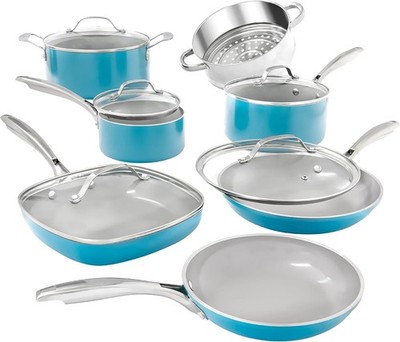 Aqua Blue Pots and Pans Set, 12 Piece Nonstick Ceramic Cookware, Includes Frying